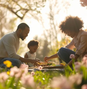 Family enjoys a picnic in a sunlit flowering meadow.