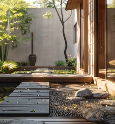 a garden with a pond and a wooden deck