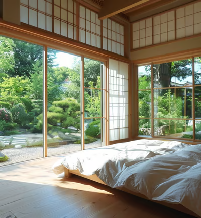 A minimalist Japanese bedroom with large windows offering a lush garden view, filled with natural light, featuring simple bed