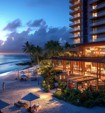 A beachfront of a hotel in Hawaii Island