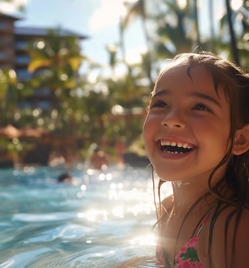 A young girl in a hotel pool in hawaii