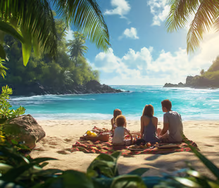 A family sitting on a blanket on a beach