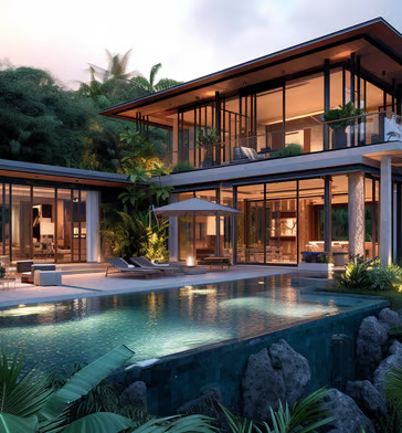 Creative depiction of a private villa in Maui with a pool and a view of the ocean