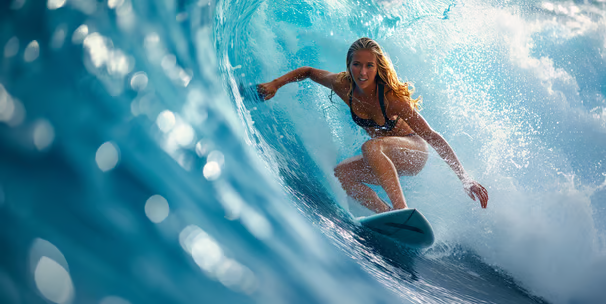 A woman surfing in Waimea Bay