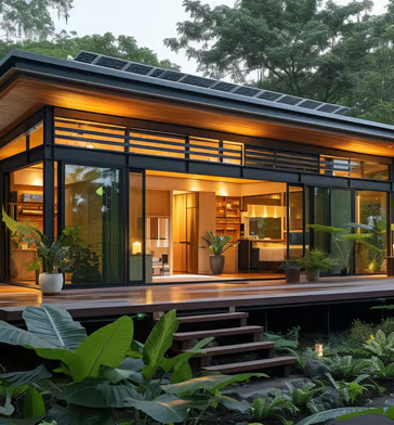 A small house in Molokai with a deck and solar-paneled roof