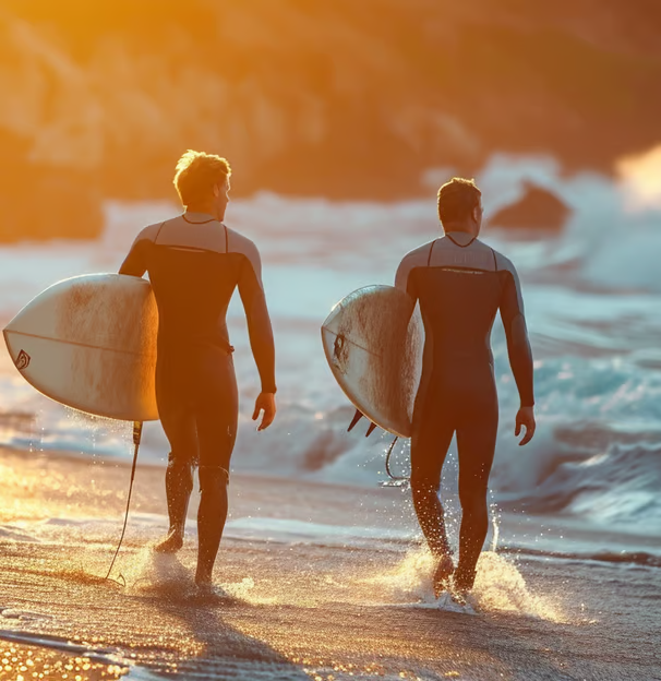 Two surfers walking at Hookipa Beach at sunset