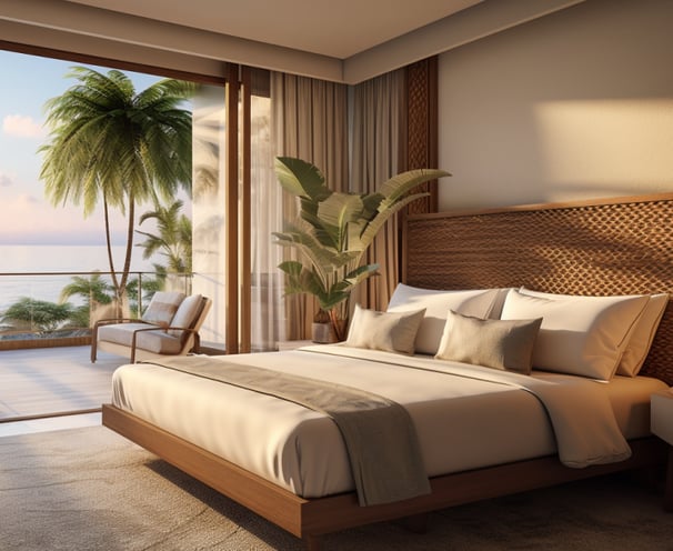 a bedroom with a large bed and a balcony a bedroom with a large bed and a balcony