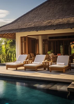 a pool with lounge chairs and a wooden deck a pool with lounge chairs and a wooden deck