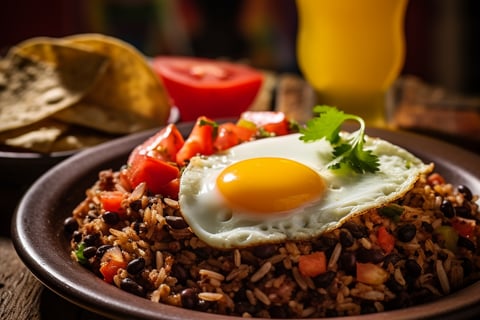 Mexican dish with fried egg, black beans, and salsa.