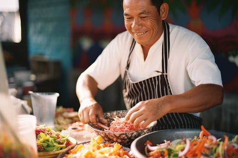 A man in an apron cooking at a food stand.