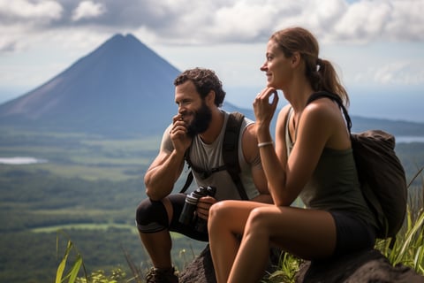 A couple sitting on a rock, enjoying the view of the mountains.