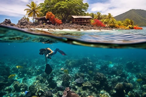 An individual enjoying snorkeling by a vibrant coral reef.