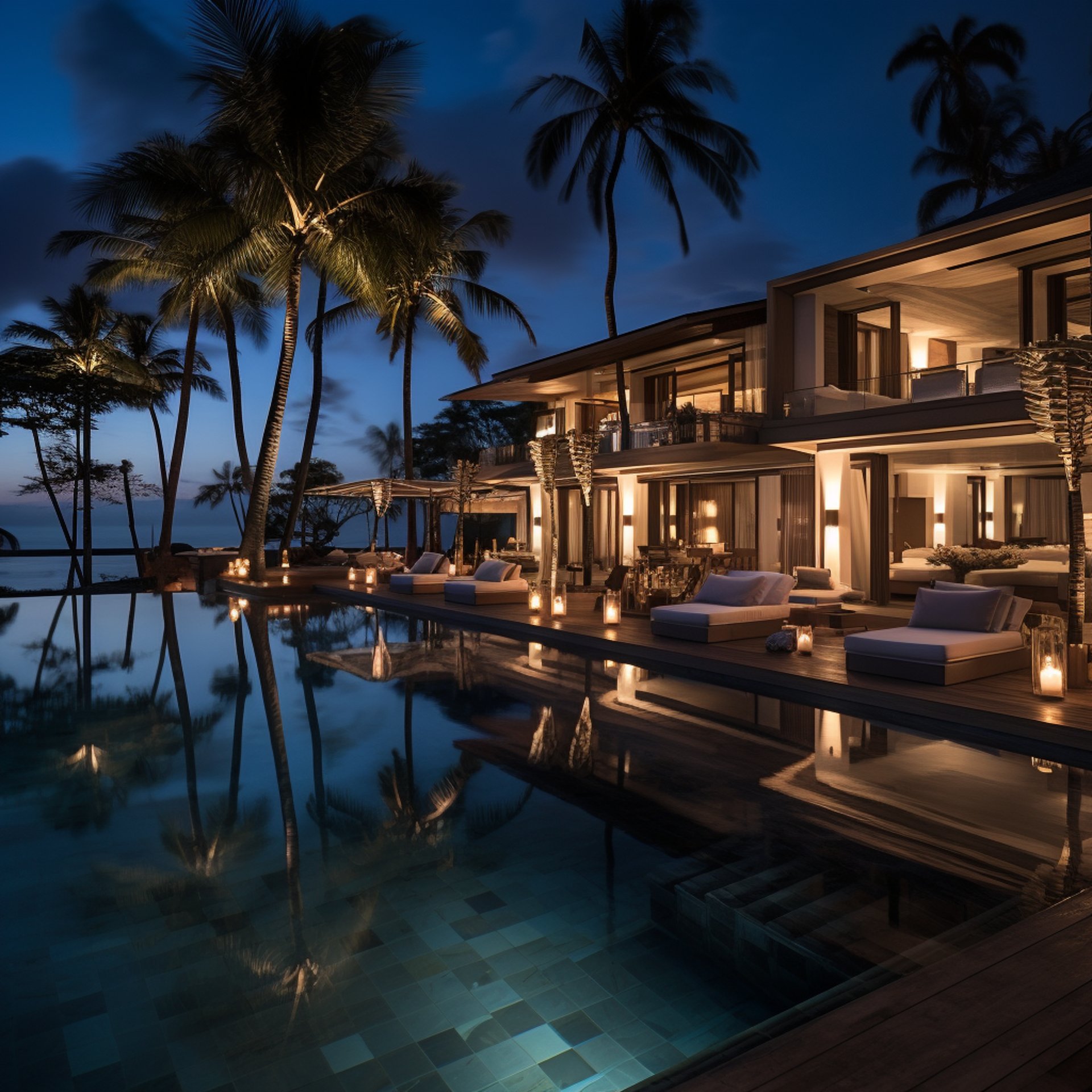 A nighttime view of a luxury resort with a pool and lounge chairs.
