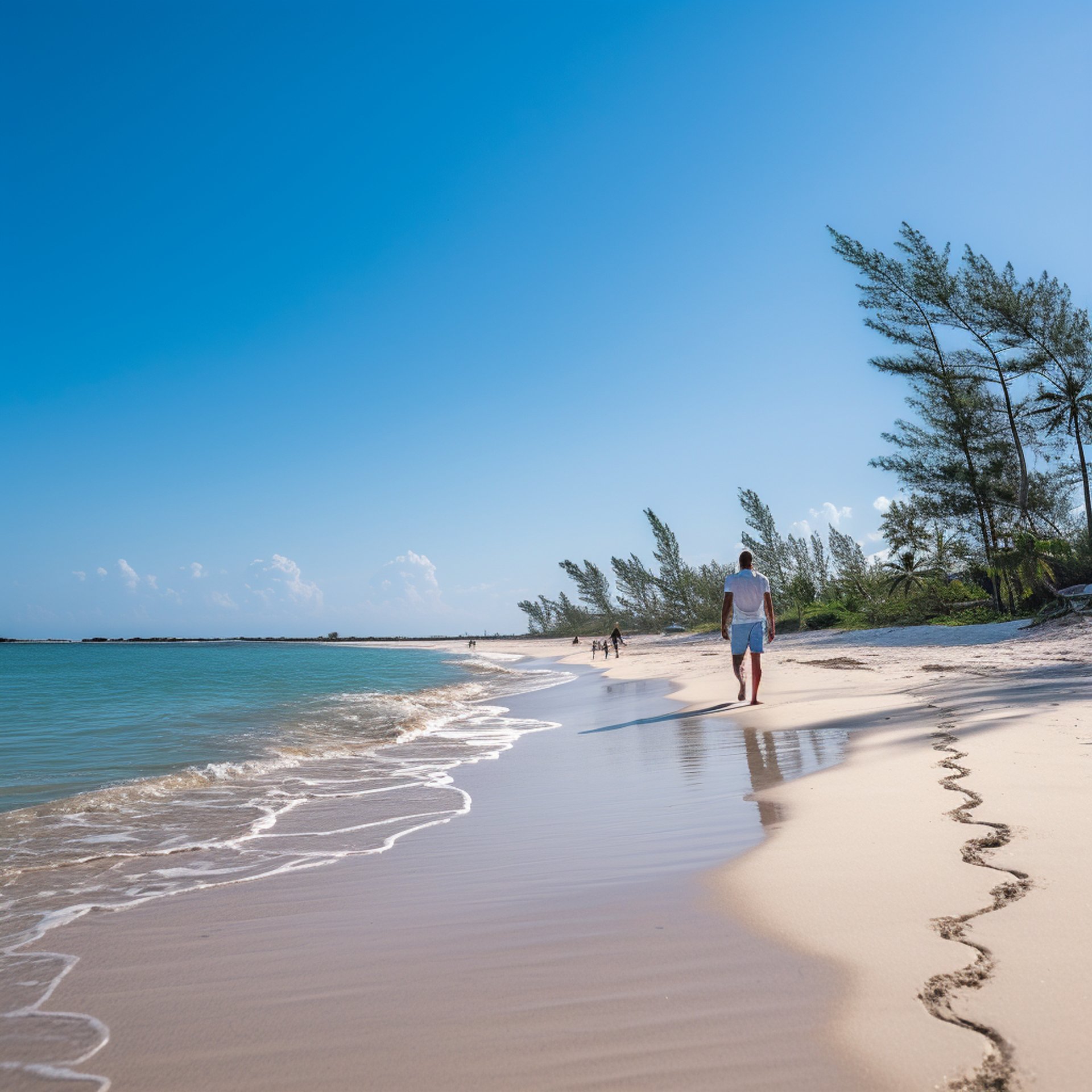 A man strolling on the beach with footprints in the sand.
