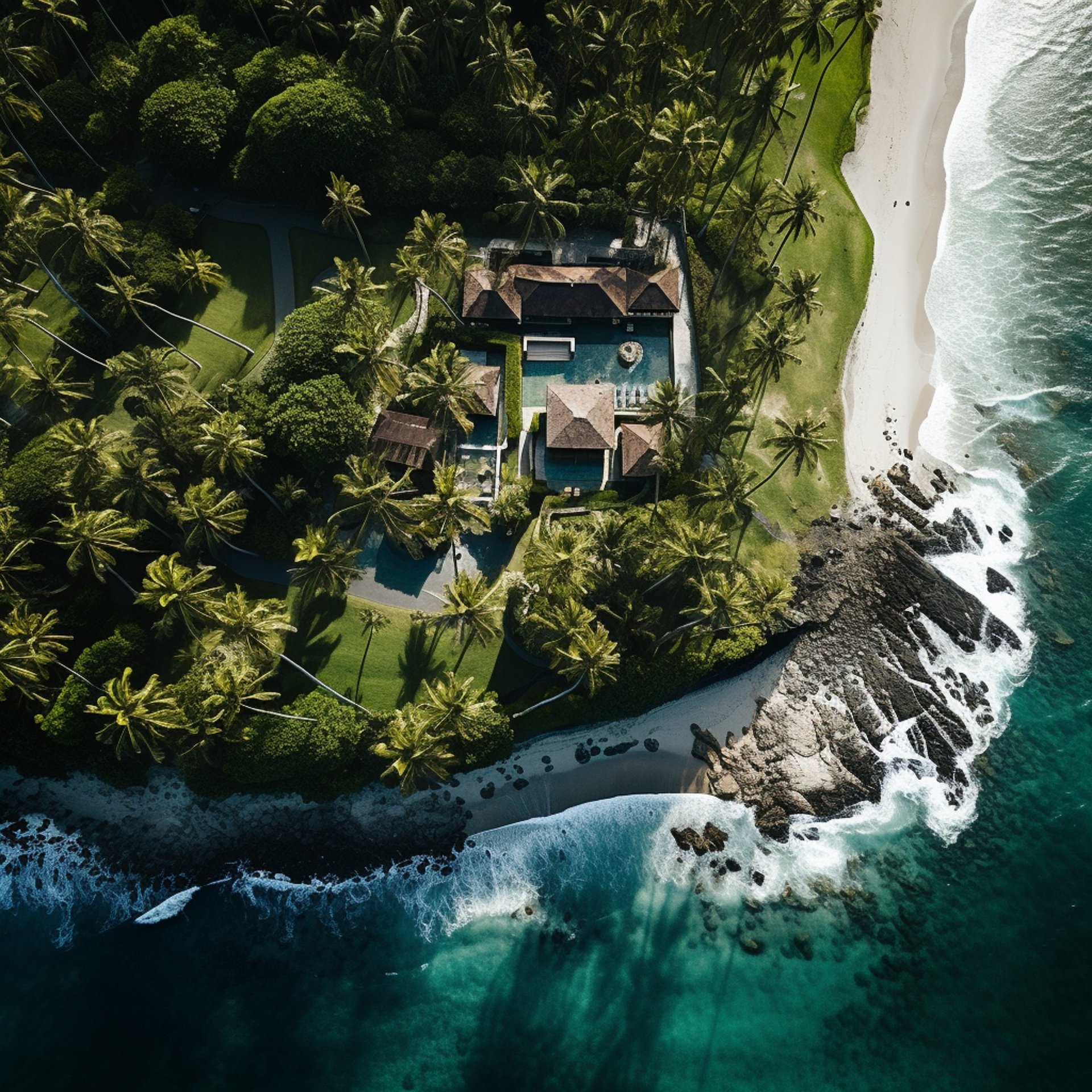 Aerial view of tropical island with house and pool surrounded by lush greenery and crystal-clear waters.