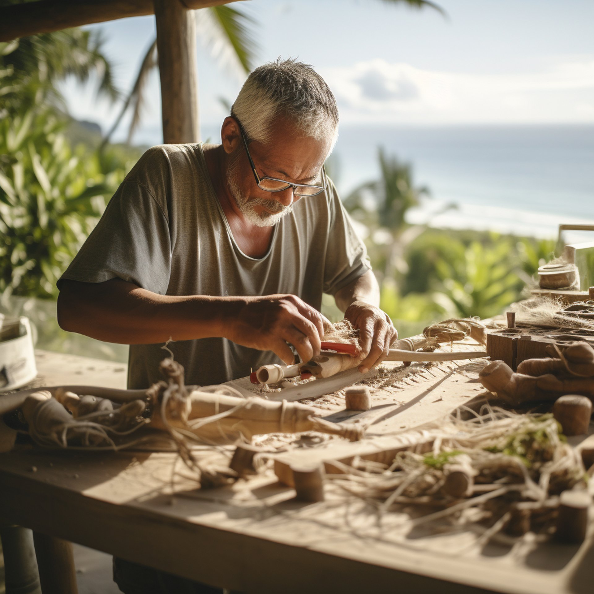 An elderly man crafting a wooden boat on a table in a workshop.