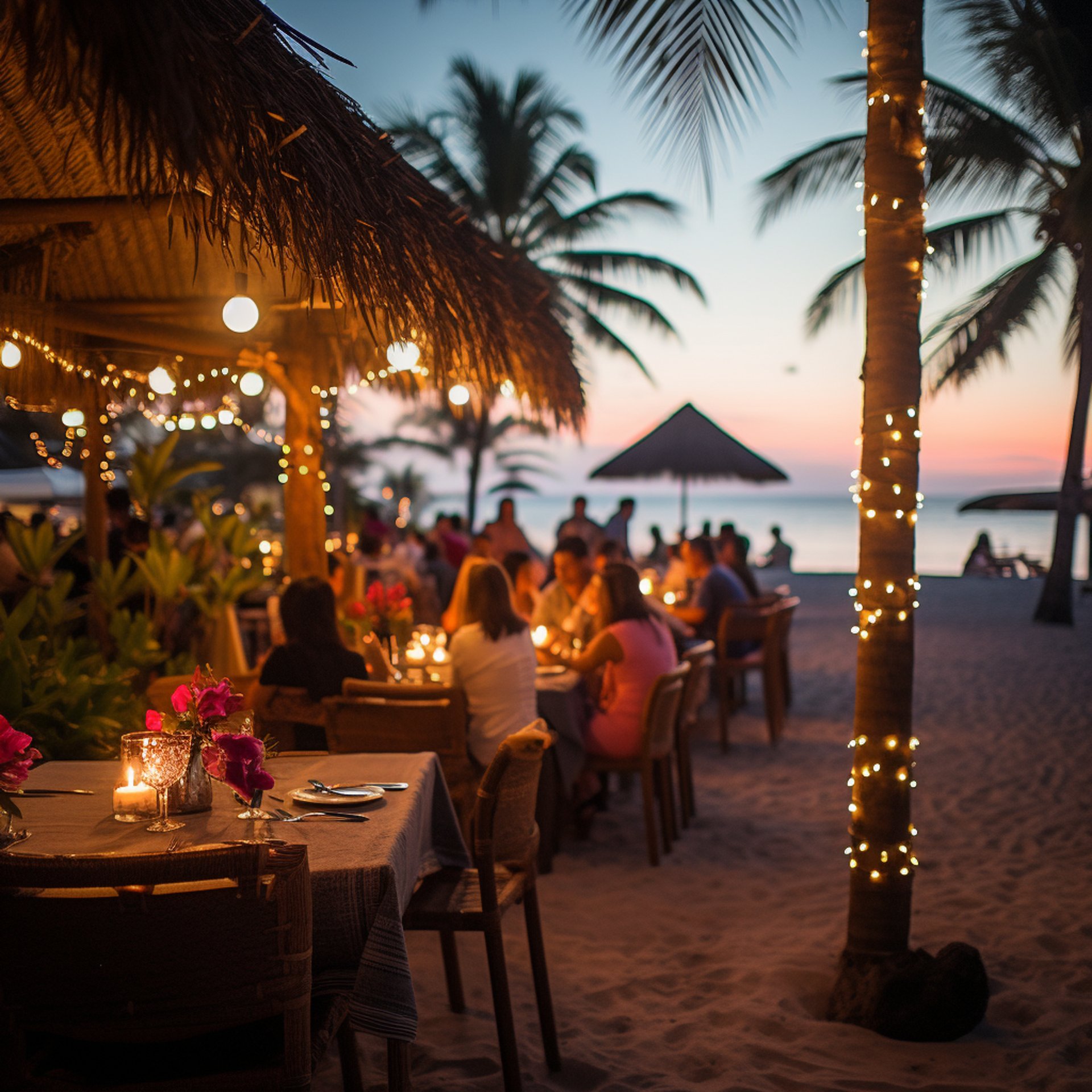 Beachfront restaurant with diners enjoying meals at outdoor tables.