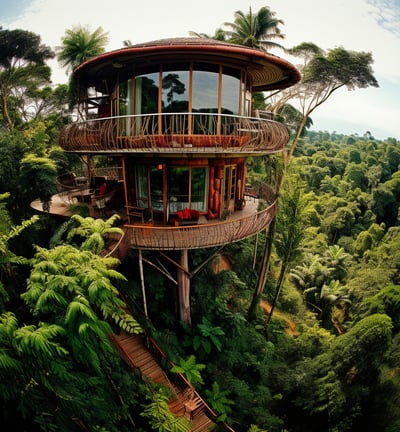 a tree house with a spiral staircase leading to a tree house
