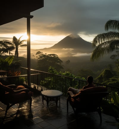 A man sitting on a patio, gazing at the sunrise over the horizon.