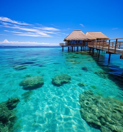 a pier with a thatched overhang over the water