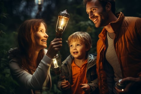 a man and woman holding a lantern in a forest with a small boy in between