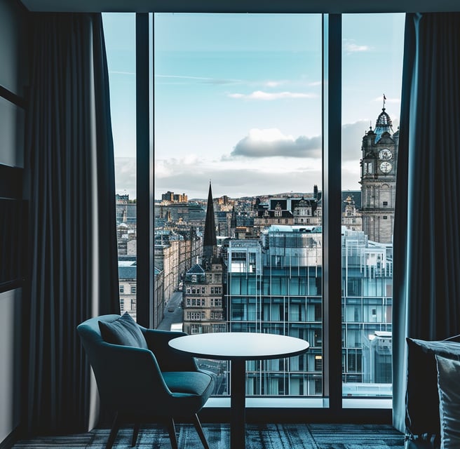 a table and chairs in front of a window in a hotel in glasgow