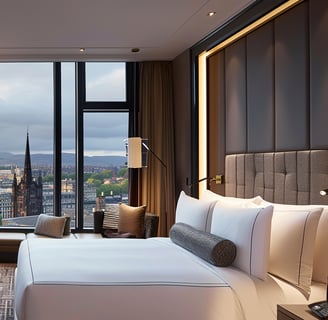 A bedroom with a large bed and a bedside lamp in glasgow