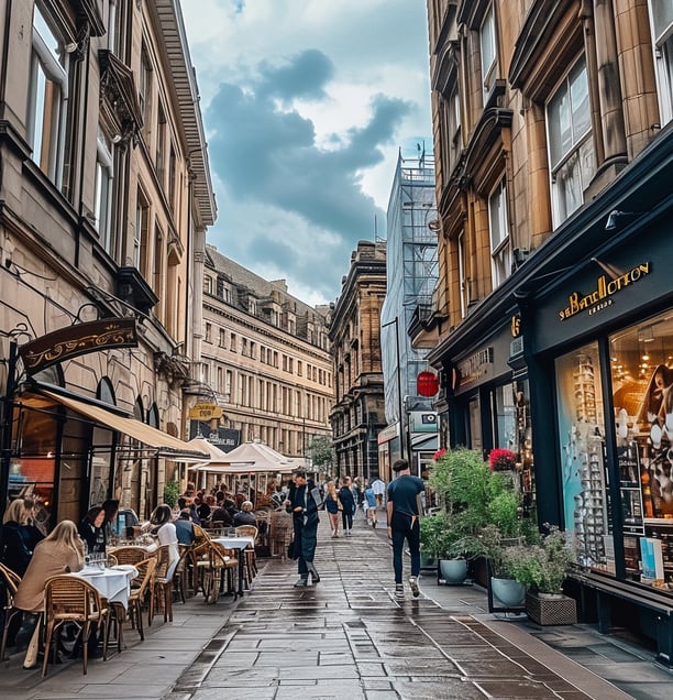 people walking down merchant city in glasgow