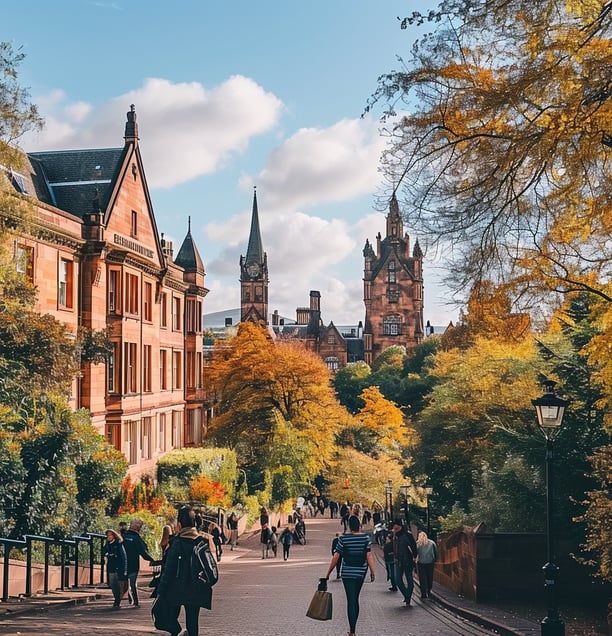 a group of people walking down a street in west end glasgow