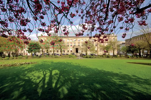 a large building with a large lawn and a tree in north glasgow