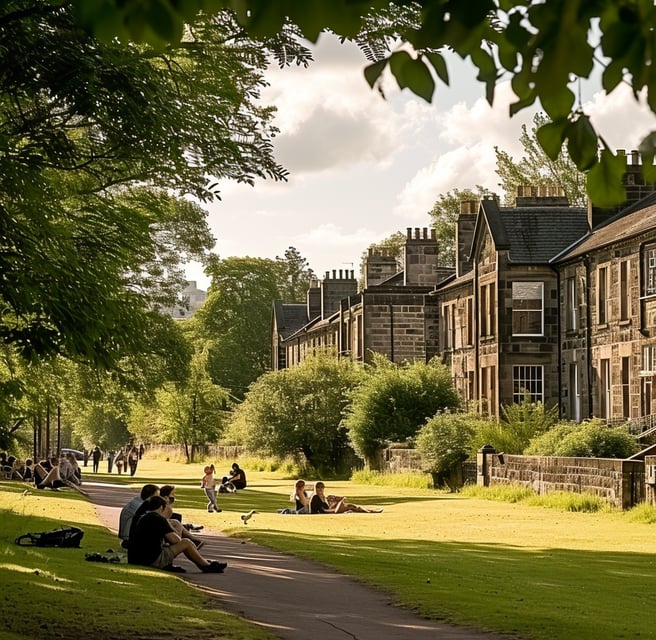 a group of people sitting on a path in a park in southside glasgow