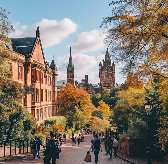 a group of people walking down a street in west end glasgow