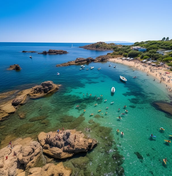 The picturesque beach and rugged rocks of Santorini, highlighting the island's stunning landscape and serene environment. The picturesque beach and rugged rocks of Santorini, highlighting the island's stunning landscape and serene environment.