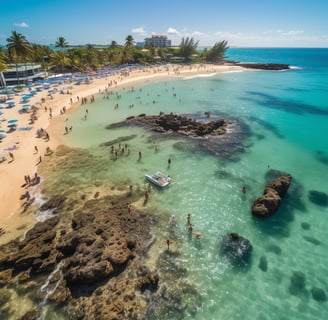 Crowded beach scene in Puerto Rico, showcasing people relaxing and enjoying the sunny coastal environment. Crowded beach scene in Puerto Rico, showcasing people relaxing and enjoying the sunny coastal environment.