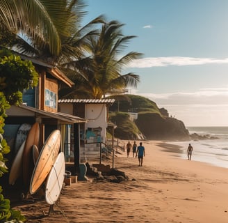 Sunset illuminates surfers on a Brazilian beach, showcasing the vibrant atmosphere of Porto de Galinhas, a tropical paradise. Sunset illuminates surfers on a Brazilian beach, showcasing the vibrant atmosphere of Porto de Galinhas, a tropical paradise.
