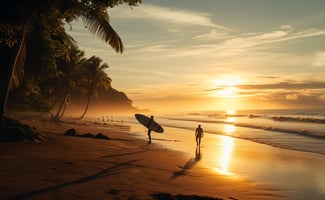A picturesque beach at sunset, featuring surfers in the water against a backdrop of colorful skies