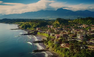 Aerial view of beach with mountains in background