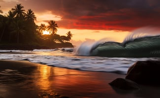 A vibrant sunset over the ocean with waves gently crashing on the shore
