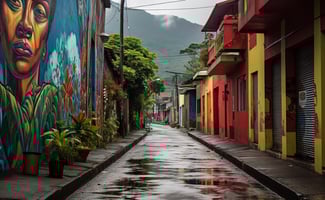 Colorful murals on street wall, featuring woman's face painting