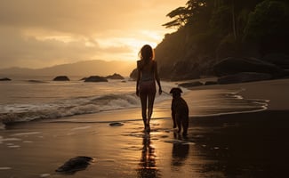 A woman walks her dog on the beach at sunset