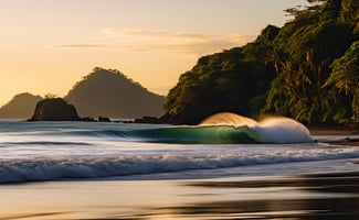 A surfer catching a wave on a beach during sunset