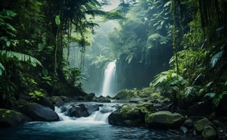 Scenic waterfall in lush tropical rainforest surrounded by vibrant green foliage and misty atmosphere