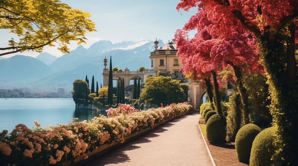 A scenic walkway along the serene shores of Lake Como, Italy, surrounded by lush greenery and tranquil waters.