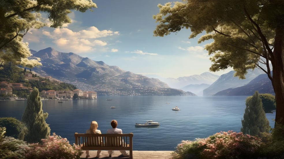 A couple sits on a bench, enjoying a serene view of the lake, surrounded by nature's tranquility.