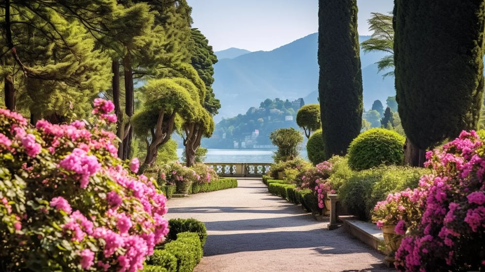 A pathway with flowers and trees in the background