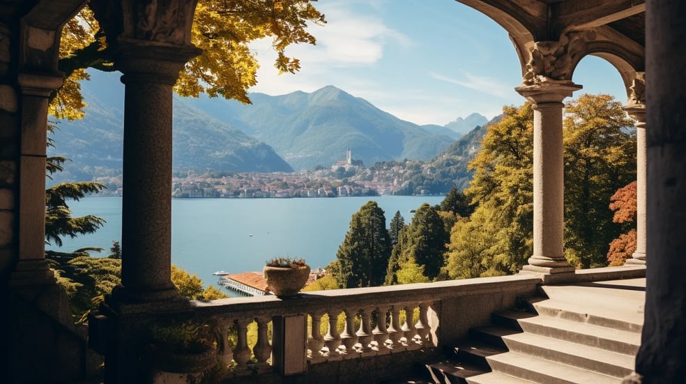 A balcony with a view of a lake and mountains