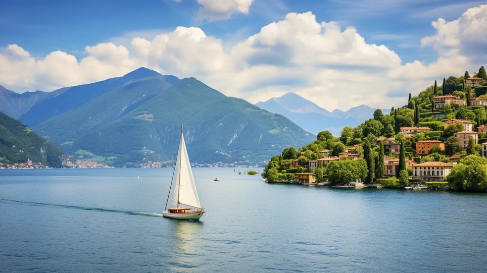A sailboat sailing on a lake in the mountains