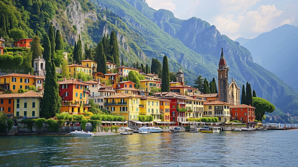 A scenic view of a town with a church and a church steeple