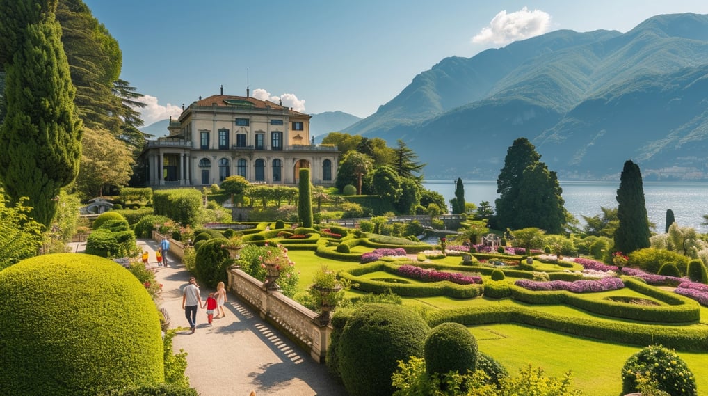 A large garden with a large lawn and a view of lake como A large garden with a large lawn and a view of lake como