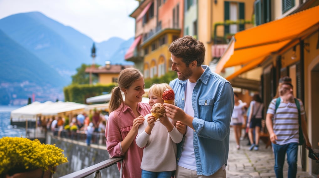 A man and woman standing on a balcony with a view of a lake A man and woman standing on a balcony with a view of a lake